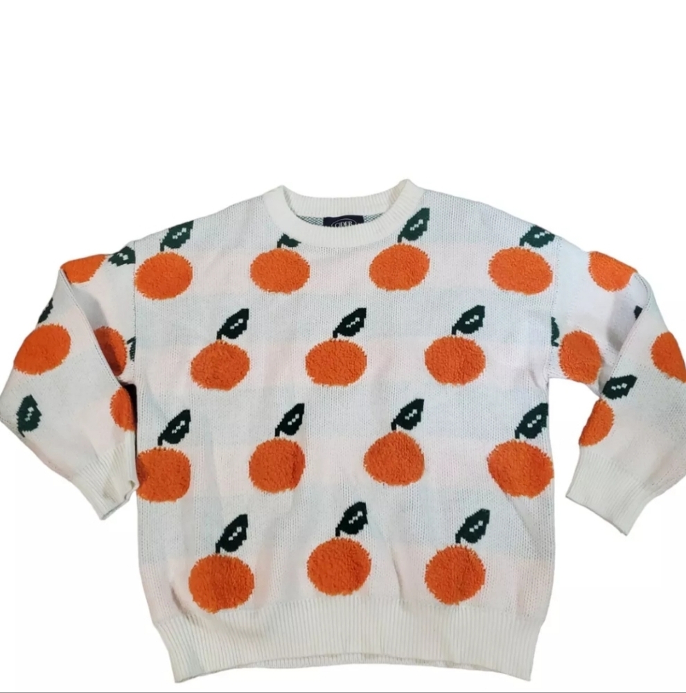 Cider Crew Neck Fruit Sweater M Oranges Peaches White Orange Green